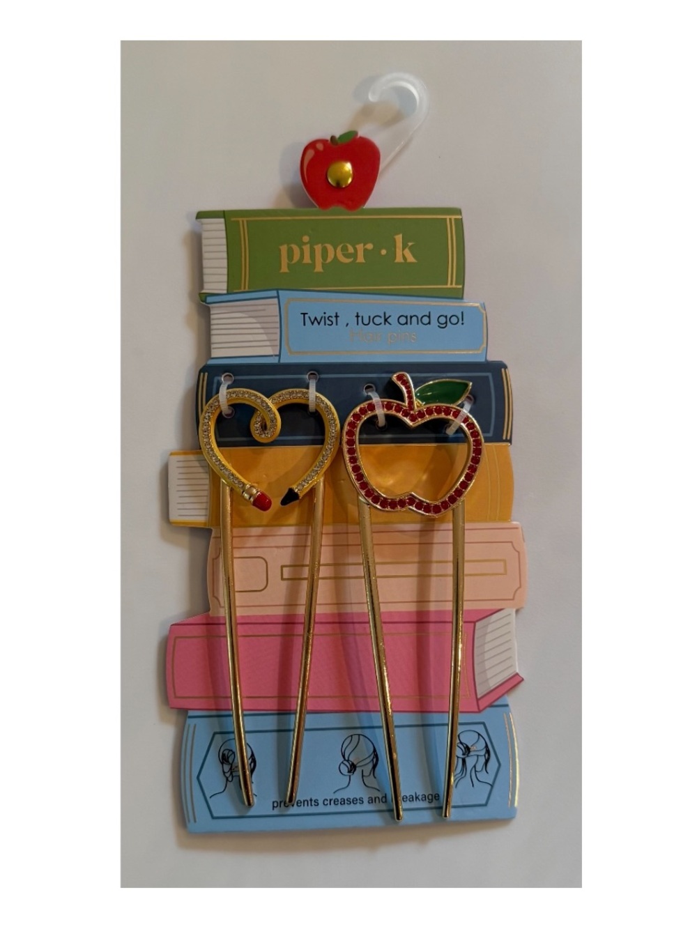 piper k nwt school teacher Gold Heart & Apple Hair Pins in Red and Green Accents